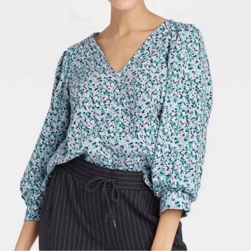 A New Day Boho Cottage Core Blouse XL Green Purple V-Neck